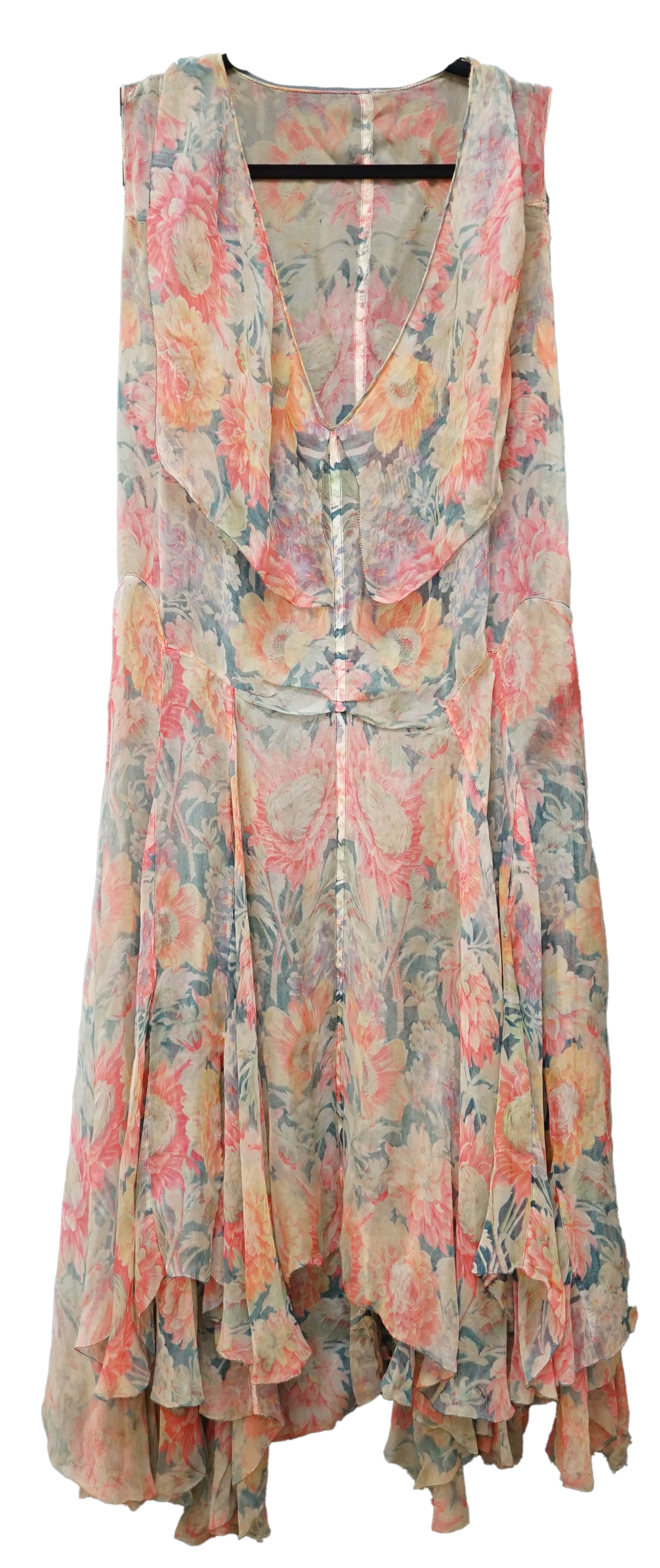 A 1930s printed sheer bias cut summer dress, hand made in a bright floral pattern silk organza style fabric, designed with a large collar and bias cut side panels. 42cm long from centre top back to hem. Condition - needs